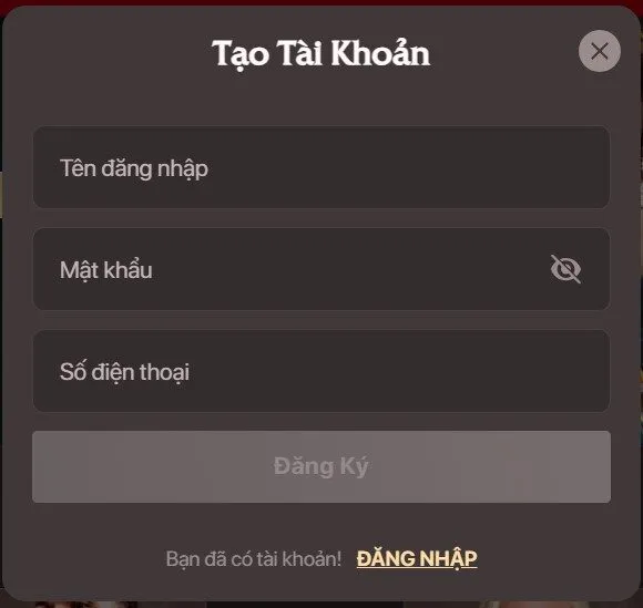 Điền các thông tin để tạo tài khoản Xo88