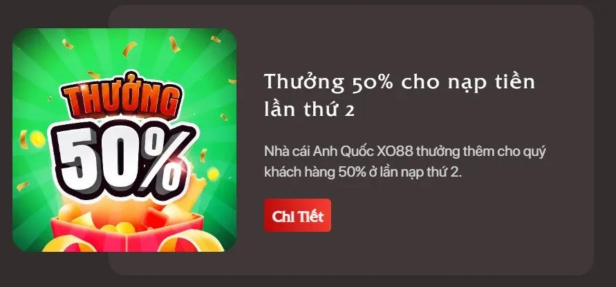 Thành viên mới nạp tiền lần thứ hai được thưởng ngay 50% giá trị tiền nạp  